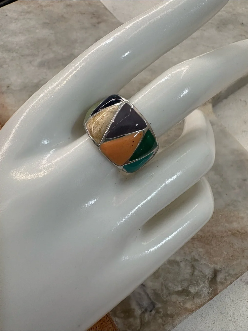 Multicolor Geometric Inlay Ring Green, Orange, Cream, Blue, Purple - Size 8.5